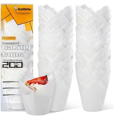 katbite Tulpen Muffinförmchen aus Papier, 200 Stück Cupcake Backbecher für Party Hochzeit Geburtstag, Muffinform in Weiß