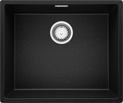 PRIMAGRAN Fregadero bajo Encimera Negro Metallic 56x47cm, Cocina 1 Seno + Sifón, Granito al mueble 60cm - London S175