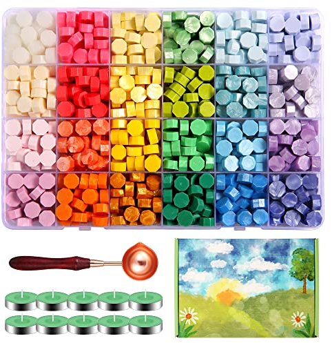Comealltime Siegelwachs Set, Frühlingsgarten-Thema 630 Stück Wachssiegel Siegel Perlen mit 10 Teelichte und Wachsschmelzlöffel für Siegelstempel DIY Umschlag Hochzeit Einladung (24 Farben)