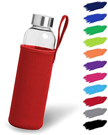 NOMA Botella de cristal de 0,5 l con funda de neopreno, botella de cristal en 500 ml, 600 ml y 1000 ml con funda protectora y tapa de acero inoxidable, botella de agua para deportes, oficina, escuela