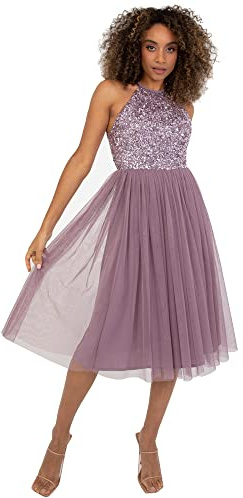 Maya Deluxe Women's Ladies Midi Dress with Halter Neck Tulle for Evening Graduation Prom Wedding Bridesmaids Ball Gown, Moody Lilac, 22 (6134-MIDIA)