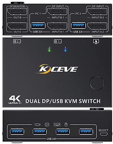 DP KVM Switch 2 Computer 2 Monitore, KCEVE Zwei Monitore Displayport USB 3.0 KVM Umschalter für zwei Monitore, Unterstützt 4K@60Hz für 2 Computer, Offizieller Shop