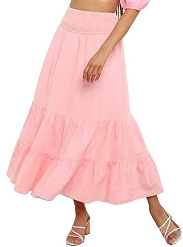 Jupe longue pour femme - Uni - Plissée - Élastique - Taille haute, Rose, M
