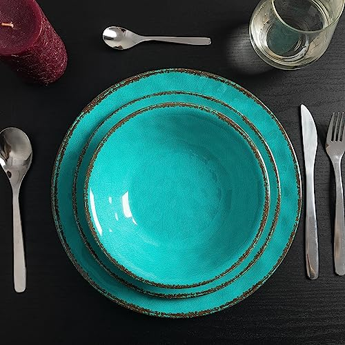 LEHAHA Rustic Melamine Dinnerware Sets, 12-piece Dishes Plastic Dinnerware Set for 4, Break-resistant Plates and Bowls Set, Outdoor Casual & Party Use Kitchen Dishes Set, Teal…
