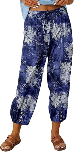 ASKSA Womens 7/8 Printing Linen Trousers Wide Pants Summer Casual Lightweight Loose with Pockets (Blue,3XL)