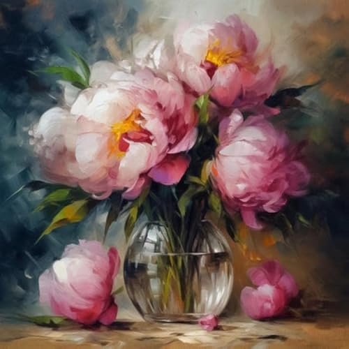 adrium Acryl-Bild 70 x 70 cm: Strauß rosa Pfingstrosen in einer Glasvase. Druckbares Ölgemälde, Impasto, KI generativ (200841771)