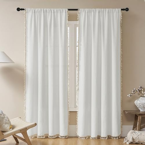 Joydeco White Boho Curtains 108 Inches Long 2 Panels, Super Soft Bohemian Farmhouse Curtains with Tassels, Semi Sheer Light Filtering Drapes for Bedroom Living Room (Rod Pocket, 52Wx108L)
