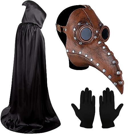 Plague Doctor Mask, Halloween Long Nose Bird Beak, Steampunk Latex Birds Beak Mask with Gloves and Black Hooded Cloak, Plague Doctor Costume, Halloween Props for Halloween Party Cosplay Party