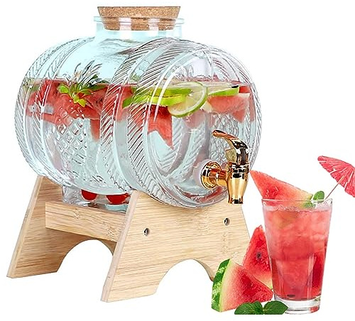HLGKBY Distributeur d'eau en Verre 5L avec Support de Robinet, Distributeur de Boissons 100% étanche, bocaux en Verre Transparent, Bouchons en Bois, Distributeur de Boissons, Bouteilles en Verre 3L