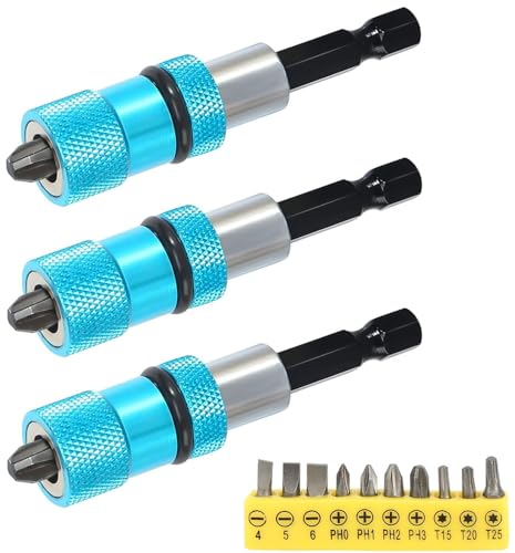Quick Change Bit Holder, Pack of 3 Magnetic Bit Holder, Drywall Bit Holder, Drywall Bit Magnetic for Drills, Screwdrivers, Wind Screws, Bit Holder, 65 mm, Blue