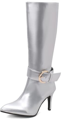 MJIASIAWA Damen Party Stiletto Knee Lack Reitstiefel Hochzeit Mode Pointed Toe Equestrian Schnalle Kleid Stiefeletten Warm Silber Gr 36 Eu