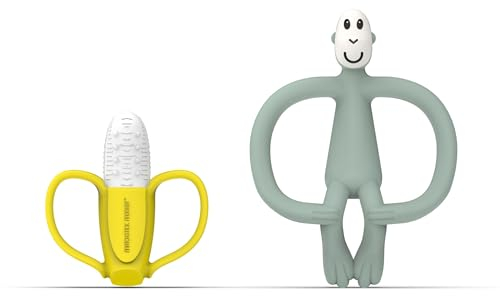 Matchstick Monkey Geschenkset Beißringe Set/Antimikrobieller Beißring/Zahnungshilfe/Gel-Applikator für wundes Zahnfleisch/BPA-frei/leicht zu greifen/ab 3 Monaten/Banane & Affe mint
