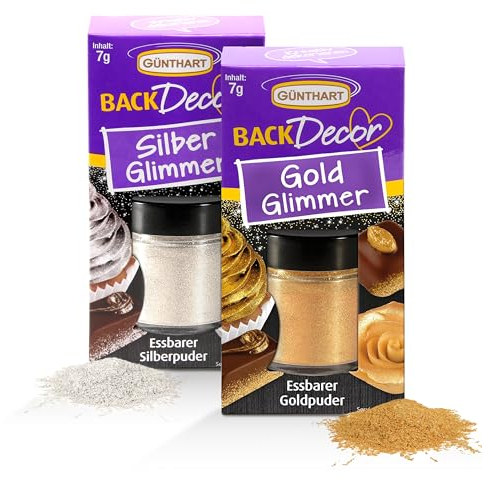 Günthart essbares Gold & Silber Glimmer im 2er Set zum Backen & Dekorieren von Backkreationen, insgesamt 14g Puder für glitzernde Muffins, Kuchen, Kekse, Cocktails und mehr