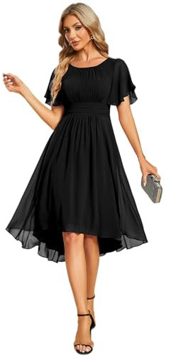 Ever-Pretty Women's Chiffon Bridesmaids Dresses Crew Neck Pleated Waist Short Sleeve Wedding Guest Dress Black 18UK