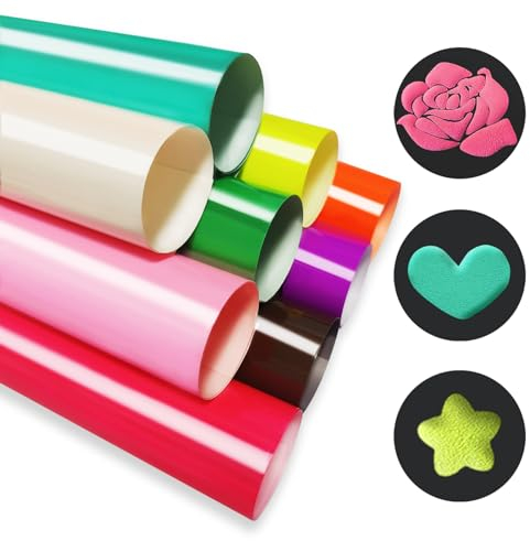 Transferfolie Plotter Puff, 3D Plotterfolie Textil, Puff Vinylfolie Plotter Wärmepresse, Aufbügeln HTV Vinyl für T-Shirts DIY Kleidung Bastelbedarf, 9 Farben 10”X12”(30.5X25cm)
