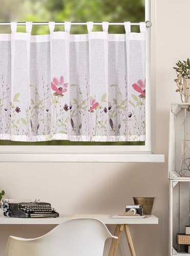 KAMACA Bistrogardine mit Schlaufen Panneau Scheibengardine Küchengardine Kurzstore transparent Küche Schlaufenpanneau Voile ganzjährig (HxB 45x140 cm Evi)