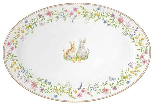 Easy Life Vassoio ovale pasquale in porcellana con conigli Happy Easter 35x23,5 cm