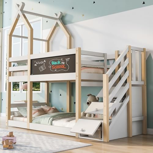 Sapgaks Lit cabane Enfants 90x200 Lit superposé Enfant lit Double lit Simple Maison d'arbre avec Tableau de Rangement et Protection Anti Chute 2 sommiers à Lattes Naturel et Blanc (sans Matelas)