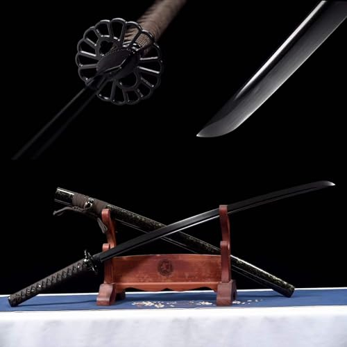 【Schönheit der Kalter Waffen】 Handgefertigtes Katana aus Federstahl,103cm Samurai-Schwert mit Holzscheide,echte Schwerter für Cosplay,Geschenk,Dekoration,Ausstellung,Sammeln,Kendo,Laido,Halloween