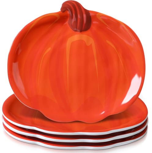 Rtteri 4 Pcs Pumpkin Shaped Melamine Plates Set Thanksgiving Serving Platter 8 Inch Fall Harvest Trays Decoration Salad Dessert Turkey Dish for Autumn Thanksgiving Halloween Party Supplies