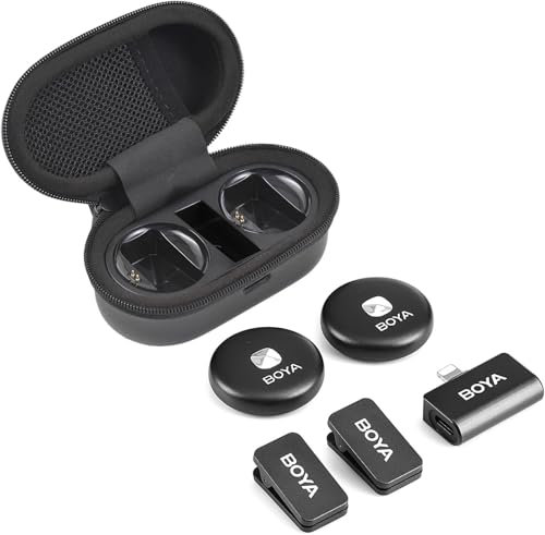 BOYA Omic-D-B Système de microphone sans fil avec 1 récepteur + 2 émetteurs + 1 boîtier de charge Réduction du bruit Mini micro intégré pour iPhone 14/13/12/11 pour streaming en direct et entretien