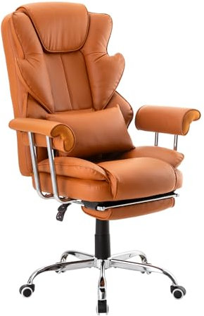 UEV Chaise de Bureau Ergonomique en Cuir, Chaise Bureau avec Dossier Haut et Repose-Pieds, Fauteuil avec Oreiller Lombaire, Réglable en Hauteur, Inclinaison de 90° à 135°, Pivotant à 360°, Brun