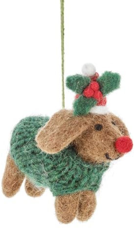 Felt Christmas Decoration - Dachshund Dog Bauble, Novelty Xmas Hanging Sausage Dog Tree Ornament, Wool Animal Figurine