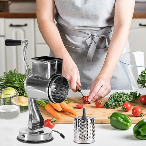 Rotary Round Drum Cheese Grater with 5 Blades - Versatile Chopper for Carrots, Potatoes, Nuts - Perfect for Cheese, Cucumbers, Zucchini - Easy to Use and Clean