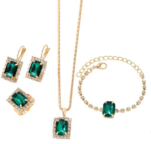 FDEETY 4 Stück Rechteckig Kristall Schmuckset Halskette Armband Ohrringe Ring Damen Elegante Schmuck Kollektion Hochwertige Juwelengarnitur