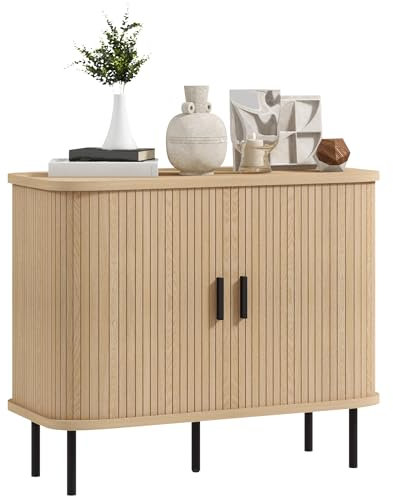 HOMCOM Mid-Century Modern Sideboard Storage Cabinet with Slatted Tambour Sliding Doors, Kitchen Cabinet with Steel Legs, Oak Tone