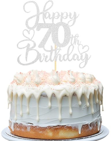 Sotpot 1PC Happy 70th Birthday Cake Topper Double-sided Silver Glitter Cake Pick Cake Decoration for 70th Birthday Anniversary Party Supplies