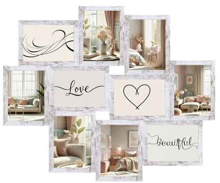 KM FOTO Bilderrahmen Collage für 10 Fotos Galerierahmen Mehrfachrahmen für Fotowand Bildergalerie Wanddeko & Geschenkidee: Farbe: Shabby Weiß | Format: 13x18
