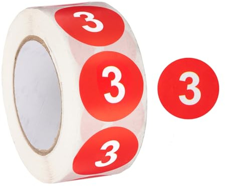 PATIKIL 500 Stück Runde Blatt Zahlen Aufkleber, 2.5 cm Selbstklebend Heimlagerung Etikett für Sortierung, Organisation zu Hause und im Büro(Rot, Nummer 3）