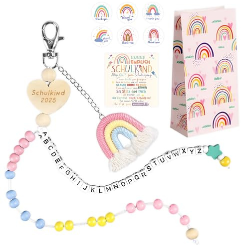 Matreeglam Einschulung Geschenk Rechenkette Schultüte Füllung Rechenkette 2025 Einschulung Geschenk Glücksbringer mit Grußkarte Regenbogen Papiertüten Regenbogen Aufkleber (Rosa)
