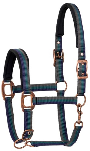 Start Rustic Halfter für Pferde – Verstellbares Nylonhalfter mit weichem Fellpolster – Komfortabel & scheuerfrei – Für Warmblut, Vollblut & Pony (Blau/Grün/Grau, Full (Warmblut))