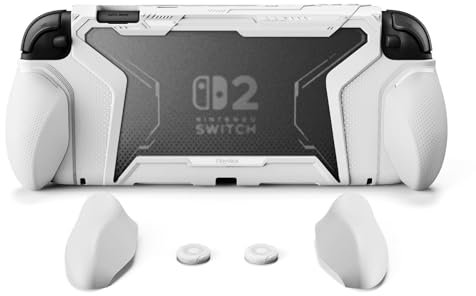 PlayVital BEYOND-GRIP Cover per Nintendo Switch 2, Custodia Protettiva Dockable&2 Set Grip Ergonomico Intercambiabile&Copri Analogici per Switch 2 Joycon Console, Antiurto e Antigraffio, Bianco