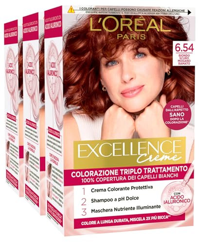 L'Oréal Paris Excellence Permanente Haarfarbe 6.54 Dunkelblond Mahagoni Kupfer Dreifache Behandlung deckt 100% weißes Haar ab, langanhaltend mit Hyaluronsäure - 3 Farben