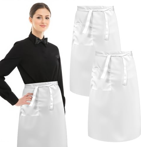 Favengo 2 Stück Vorbinder Schürze mit Tasche, 70x68cm (LxB) Halbe Kellnerschürze Premium Vorbinder Schürze Taille Kurze Schürze Kittelschürze Damen Herren, Verstellbarer Taillenriemen für Küche