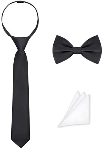 AmazingSea Boys Tie & Bow Tie Set, Black Pre-tied Adjustable Zipper Formal Necktie Set for Uniform Church Photo Celebration with Pocket Square (Black, Big Kids)