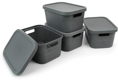 Spesh 4 Stück Aufbewahrungsbox mit Deckel 3.5L Kunststoff Aufbewahrungskorb Stapelbare Aufbewahrungsbehälter Korb Organizer Ideal für Küche Badezimmer Wohnzimmer Büro(24 x 17 x 12 cm,Grau-Streifen)