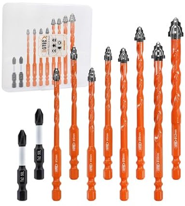 Forets en Carbure Cémenté BGTEC - 10 Pièces Foret excentrique à quatre cannelures Ø 5-12 mm avec embout de tournevis PH2 pour Carreaux Céramiques Briques Béton Plastique Bois Verre Marbre
