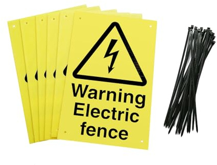 Electric Fence Warning Signs, 20 x 30 cm, Yellow Corex Board, Pack of 6 with Cable Ties
