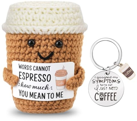 Vspek Crochet Coffee Cup Doll, Emotion Support Coffee Charm Keychain, Positive Gifts, Encouragement Present, Coffee Lovers Birthday Gifts for Family, Friend, Coworker, Home Office Desk Decor