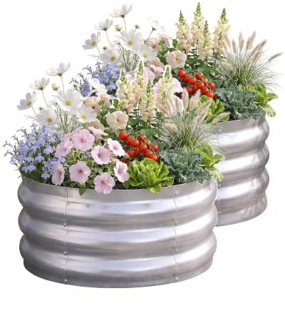 Bamworld Orto Rialzato da Esterno Rotondo 2 Pezzi, Fioriera in Metallo Zincato per Giardino e Balcone, Contenitore da Coltivazione per Verdure Fiori Erbe, 60x30cm Argento