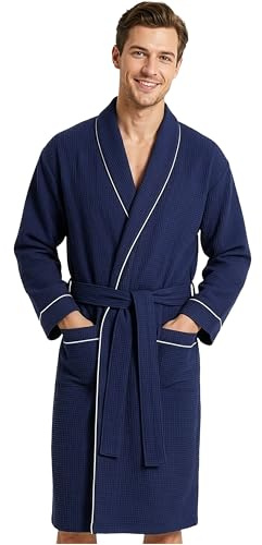 Get Trend Peignoir Homme et Ados M–3XL, Léger et Gaufré Robe de Chambre avec Ceinture, Spa et Voyage Accessoires, Cadeau Homme (2XL, Marine)