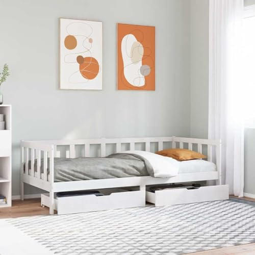 QJBSAVVA Tagesbett 80x200 Kiefer massiv Weiß 203,5x87,5x66 cm 2 große Schubladen mit Rollen Schlafsofa Gästebett Einzelbett Jugendzimmer Deko modern und ländlich für Wohn- Schlafzimmer