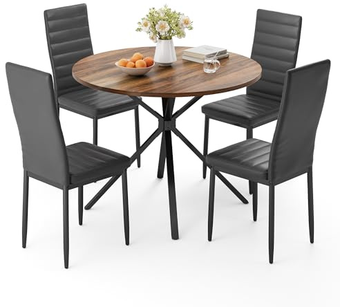 Xbro Esstisch Set 5-Teilig, Runder Esstisch Ø100 cm mit 4 Esszimmerstühlen | 5-teiliges Esstisch Set mit rundem Tisch und 4 Stühlen, platzsparendes Design für Küche, Esszimmer und Wohnzimmer.