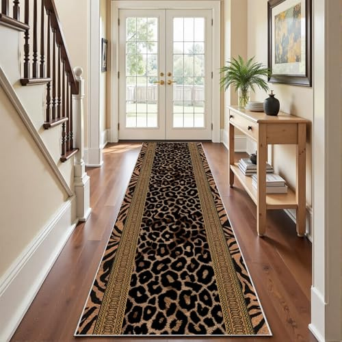 Leopardenmuster Teppich Läufer Flur 80x350 cm, Luxus Vintage Tiermuster | Küchenteppich Flurläufer Lang, Gepard Tiger Zebra Teppich Läufer Küchen Waschbar Rutschfest Kurzflor für Wohnzimmer
