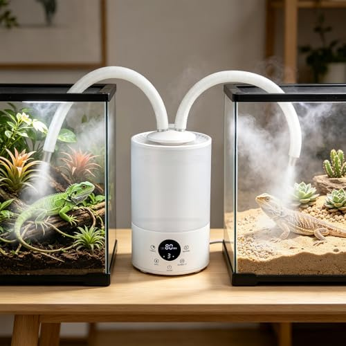 Reptilien Luftbefeuchter 4L Terrarium Vernebler mit Feuchtigkeits-Sensor, Timer, Doppelschlauch Ausziehbarem, Ultraleiser Nebelgerät Großem Nebelmaschine,für Reptilien Amphibien Feuchtigkeitspflanzen