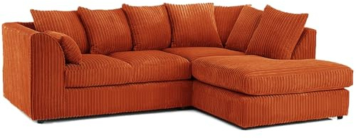 SofaSelection Jumbo Cord Right Hand Corner Sofa, Comfy L-Shape 4 Seater Couch for Family Living Room with Scatter Back Cushions, Soft Cord Fabric Corduroy Settee (Orange)